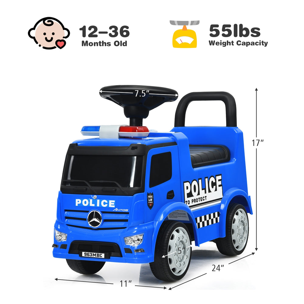 Blue Mercedes Benz kids ride-on push police car with steering wheel, storage space, and durable wheels for toddlers.