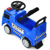 Blue Mercedes Benz kids ride-on police car with steering wheel, storage space, and safety features for toddlers.