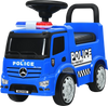 Blue Mercedes Benz kids ride-on push police car with steering wheel, warning lights, and hidden storage for toddlers.