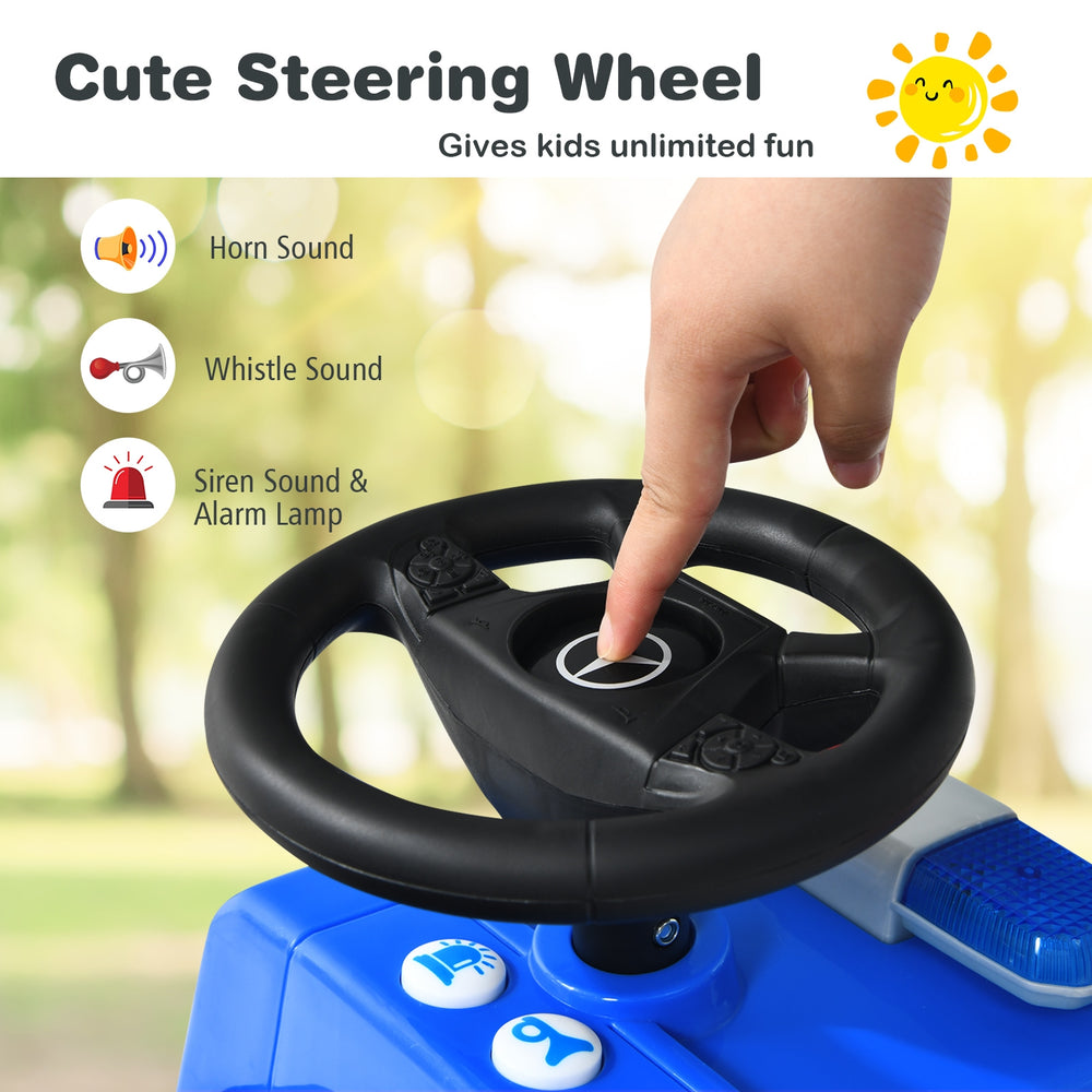 Steering wheel of the Mercedes Benz Kids Ride On Police Car with sound buttons and warning light for added fun.