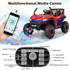 Red 12V kids UTV with two seats, music center, and safety features for fun outdoor rides.