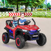 Red 12V kids ride-on UTV with two seats, safety belts, headlights, and adjustable speeds for outdoor fun.
