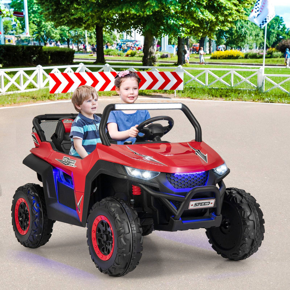 Red 12V kids ride-on UTV with two seats, safety belts, headlights, and adjustable speeds for outdoor fun.