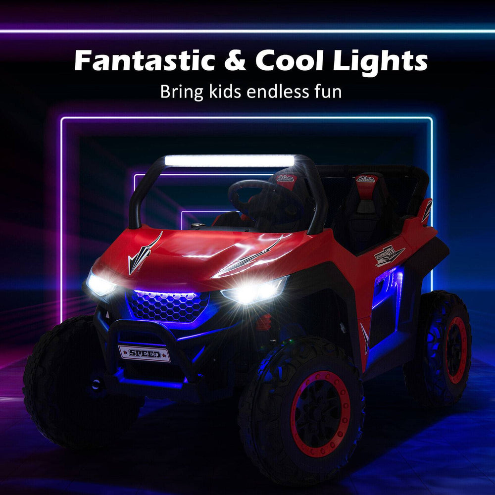 Red 12V kids ride-on UTV with bright headlights, cool ambiance lights, and two seats for ages 3-8, perfect for outdoor.