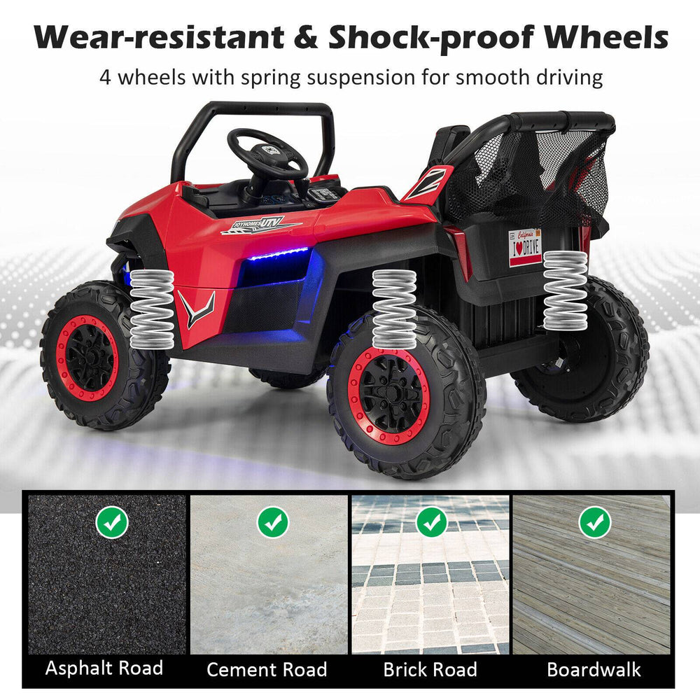 Red 12V kids ride-on UTV with wear-resistant wheels, spring suspension, and two seats for outdoor fun on various.