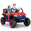 Red 12V kids ride-on UTV with two seats, safety belts, and bright headlights, perfect for outdoor fun for ages 3-8.
