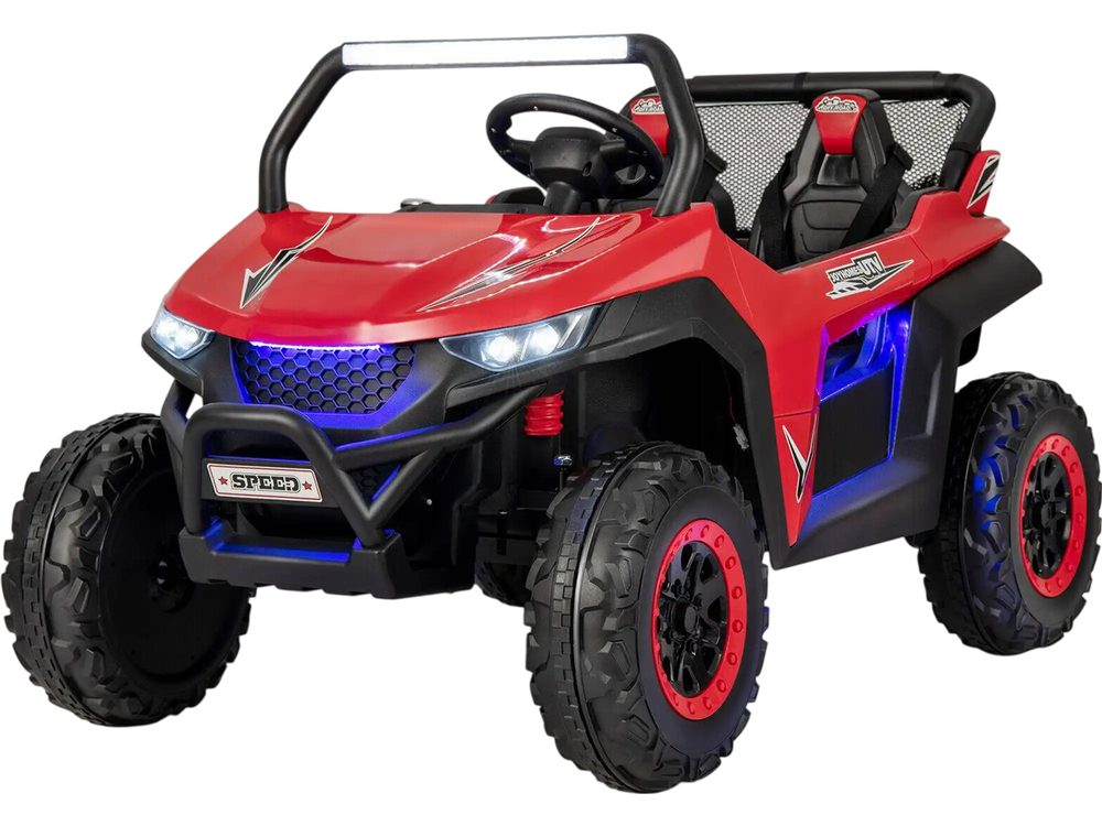 Red 12V kids ride-on UTV with two seats, bright headlights, and safety features for outdoor fun. Suitable for ages 3-8.