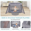 Portable baby playpen in dark gray with safety mesh enclosure and zippered entrance, ideal for crawling and playing.
