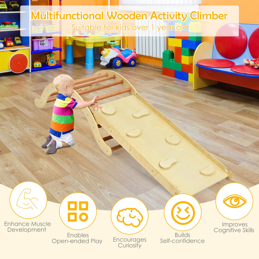 3-in-1 kids wooden climber set with ramp and blue mat, designed for safe play and muscle development for children over.