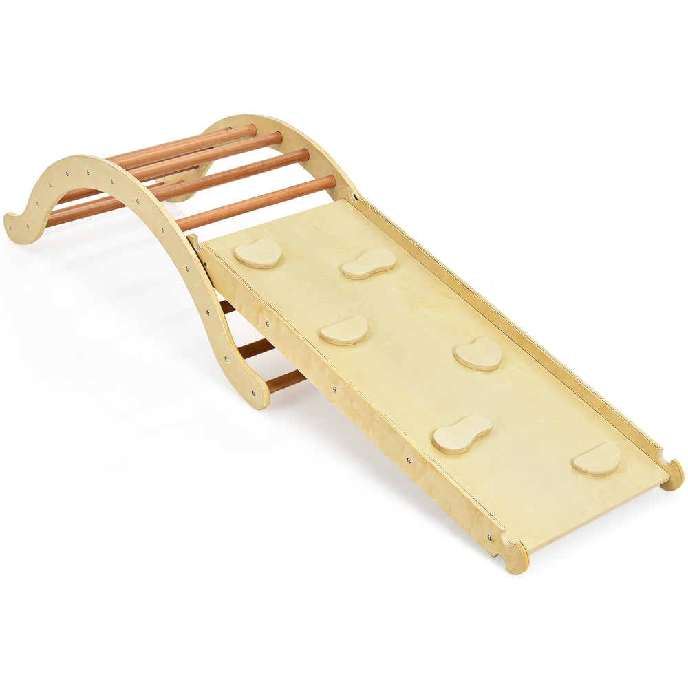 Kids wooden climbing arch with reversible ramp, blue mat included, promotes balance and imagination for ages 1 and up.