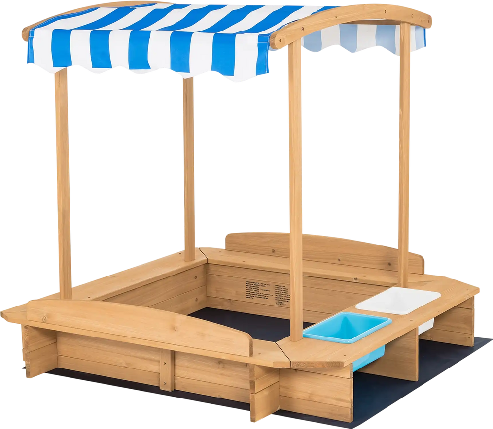 Kids Wooden Sandbox with Striped Canopy