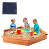 Hexagon wooden cedar sand box with seat boards, ideal for kids' outdoor play, accommodates 4-6 children.