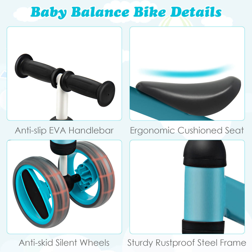 Baby balance bike with 4 wheels, sturdy steel frame, anti-slip handlebar, and cushioned seat for toddlers aged 1-2.