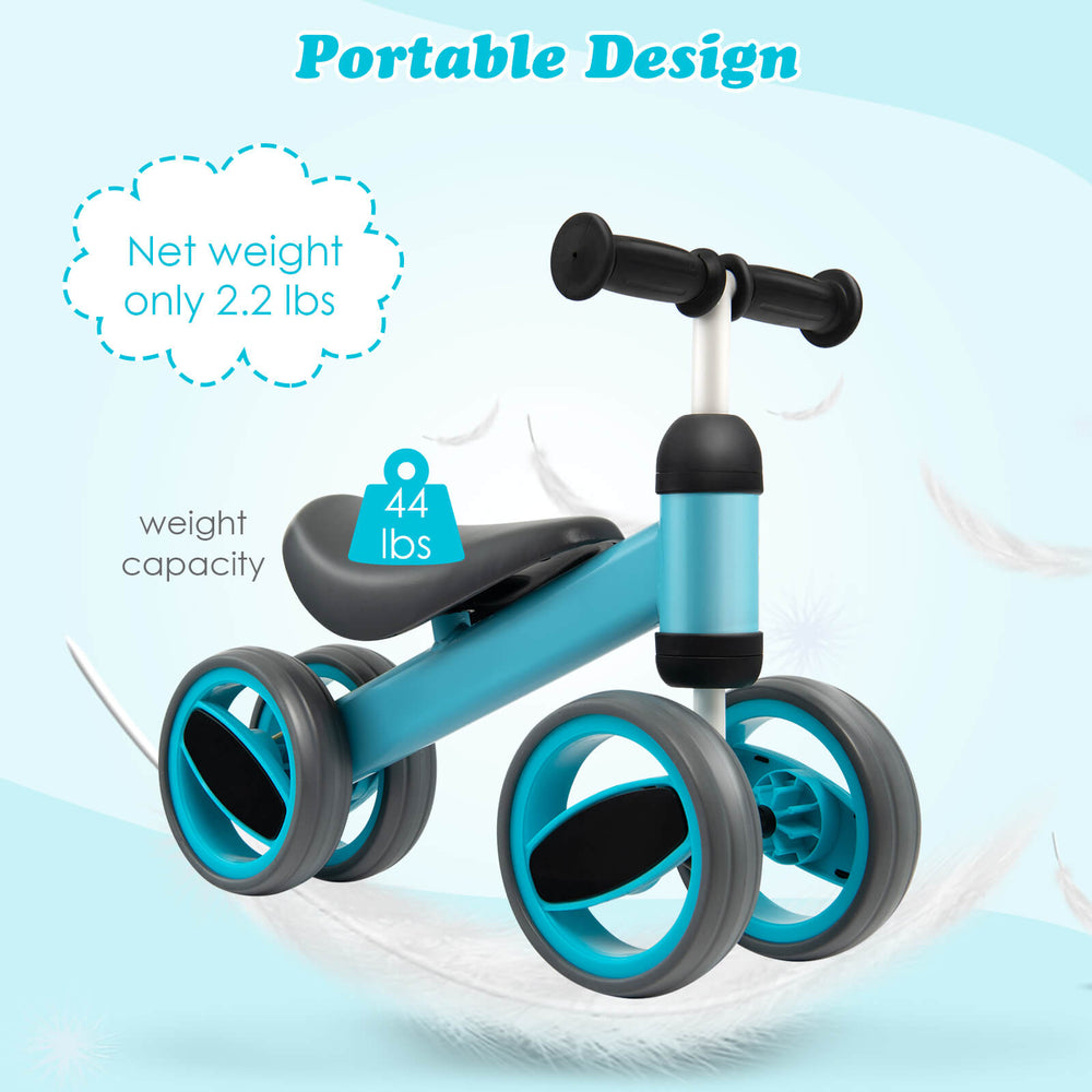 Lightweight blue baby balance bike with 4 wheels, non-slip handle, and soft seat for toddlers, easy to carry and.