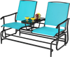 Double rocking loveseat in turquoise with tempered glass table, ergonomic armrests, perfect for outdoor relaxation.