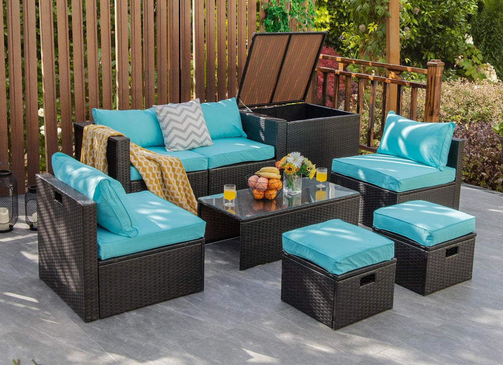8 Pieces Patio Space-Saving Rattan Furniture Set with Storage Box and Waterproof Cover-Turquoise - Gallery View 1 of 11