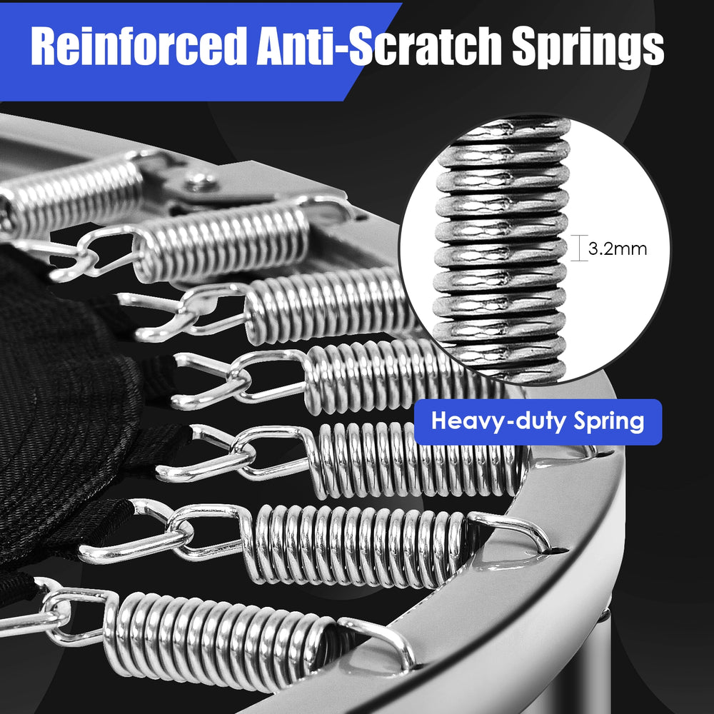 Close-up of heavy-duty anti-scratch springs on a 38-inch mini folding trampoline for safe and stable bouncing.