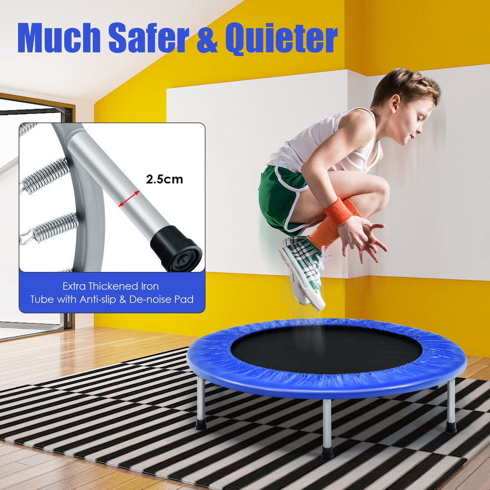 Mini folding trampoline with blue protective cover, 38 inches, featuring 32 strong springs and six thick steel legs for.