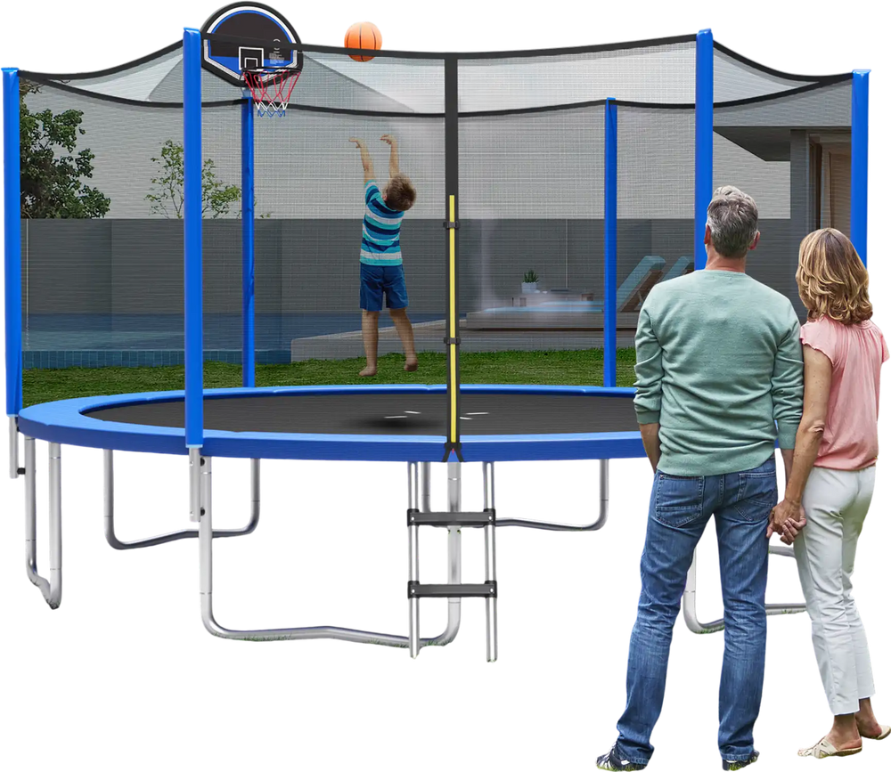 12 ft outdoor trampoline with enclosure net and basketball hoop, featuring sturdy construction and safety features for.