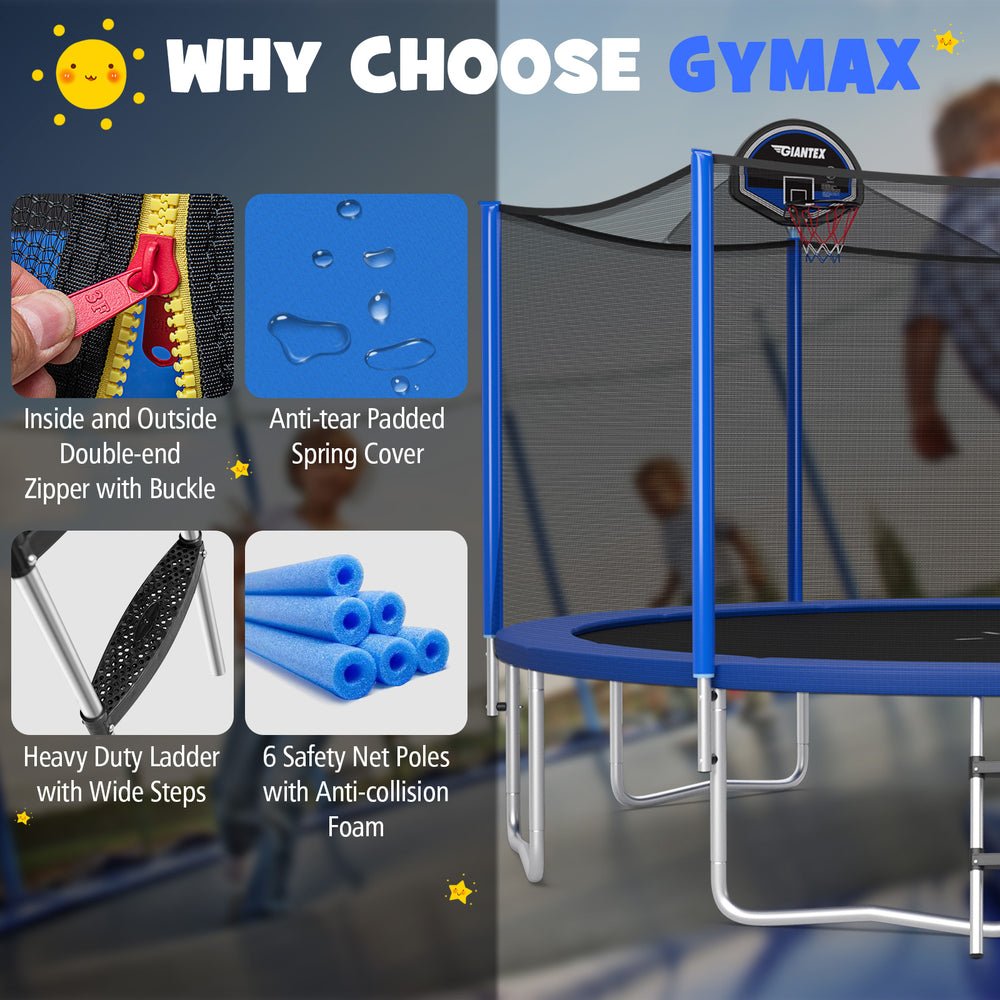 12-foot outdoor trampoline featuring a safety enclosure net, padded poles, and a sturdy basketball hoop for.
