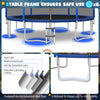 Close-up of the trampoline's rustproof galvanized steel frame and protective coating for safe outdoor use.