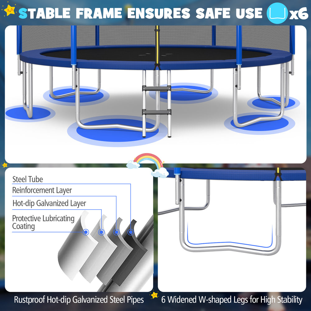 Close-up of the trampoline's rustproof galvanized steel frame and protective coating for safe outdoor use.