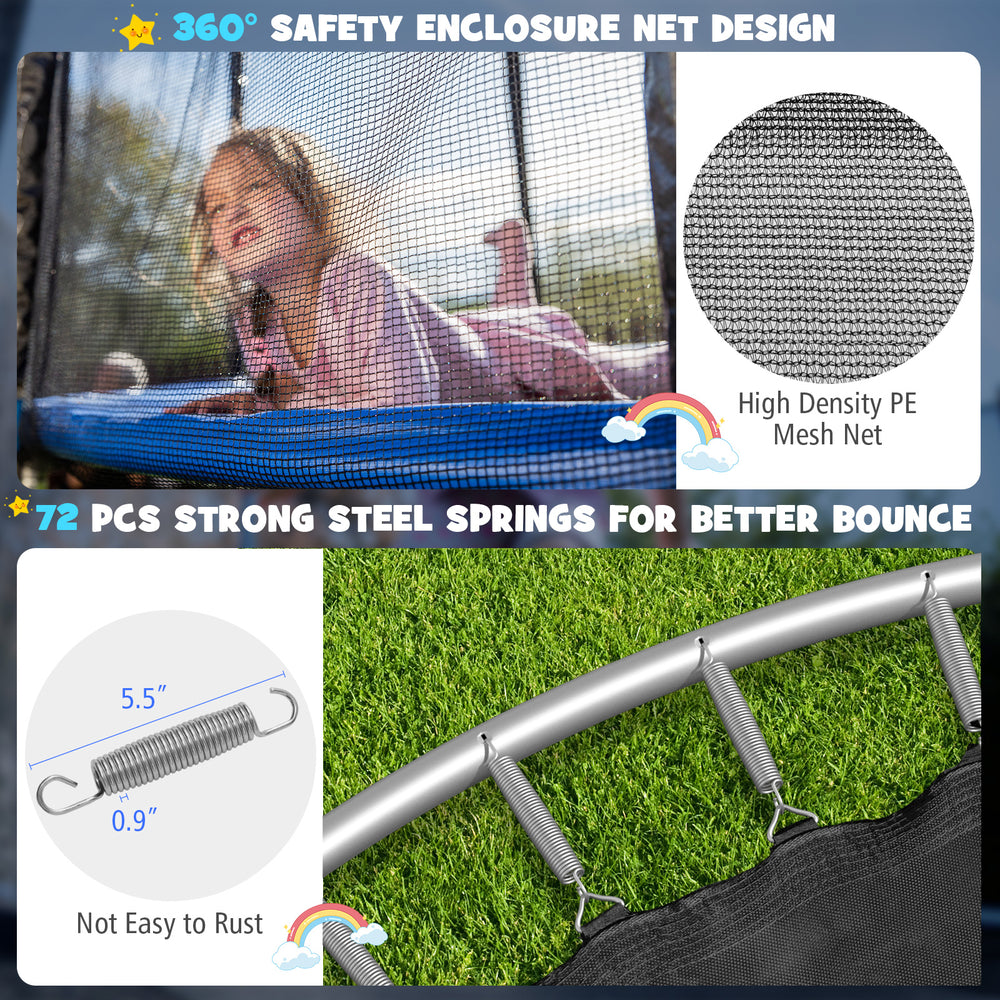 Close-up of the 12 ft trampoline's high-density PE mesh net and strong steel springs for enhanced safety and bounce.