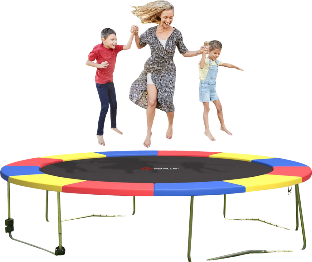 Multicolor 12 feet trampoline safety pad with elastic straps, providing edge-to-edge protection for safe jumping.