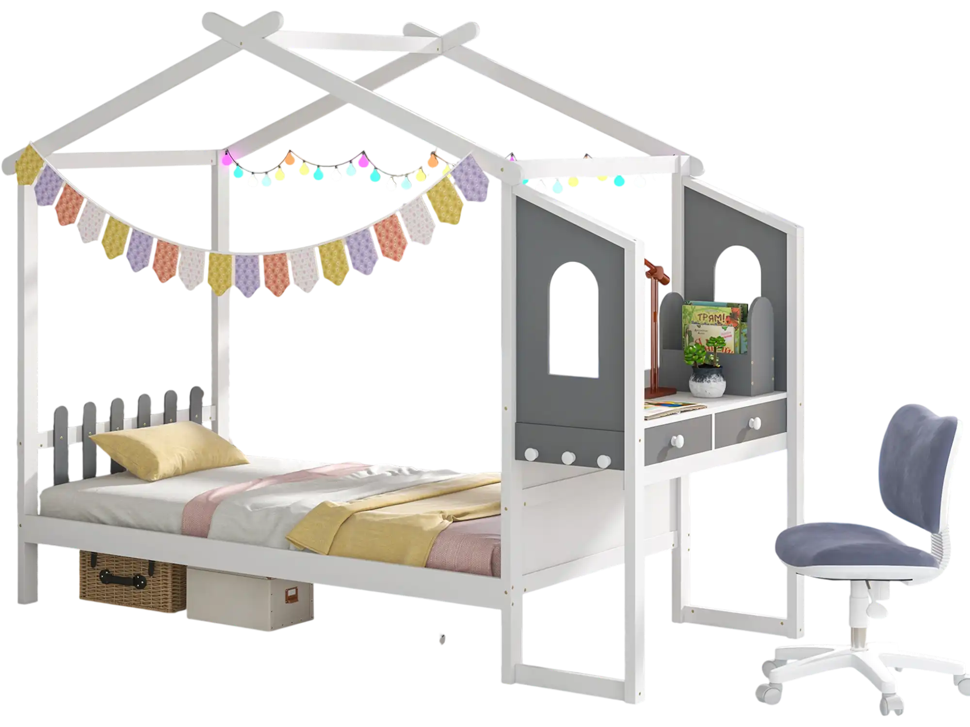 Costway Kids House Roof Canopy Fence Bed Frame Twin 59283617 New