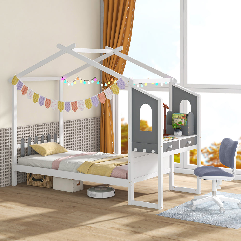 Twin/Full Bed Frame with House Roof Canopy and Fence for Kids-Twin Size - Gallery View 1 of 10