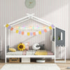Twin bed frame with house roof canopy, solid wood design, and storage drawers for kids' room organization.