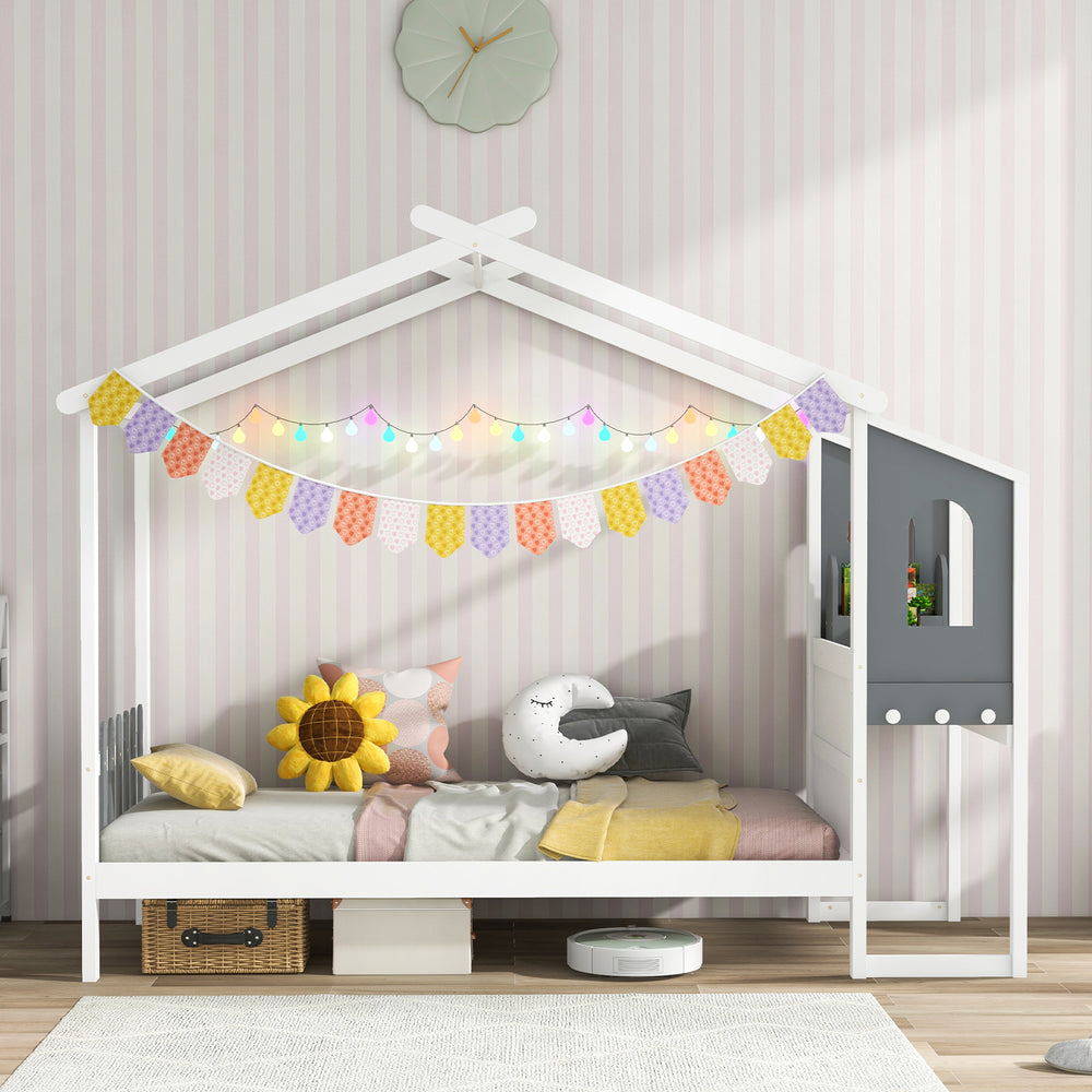 Twin bed frame with house roof canopy, solid wood design, and storage drawers for kids' room organization.