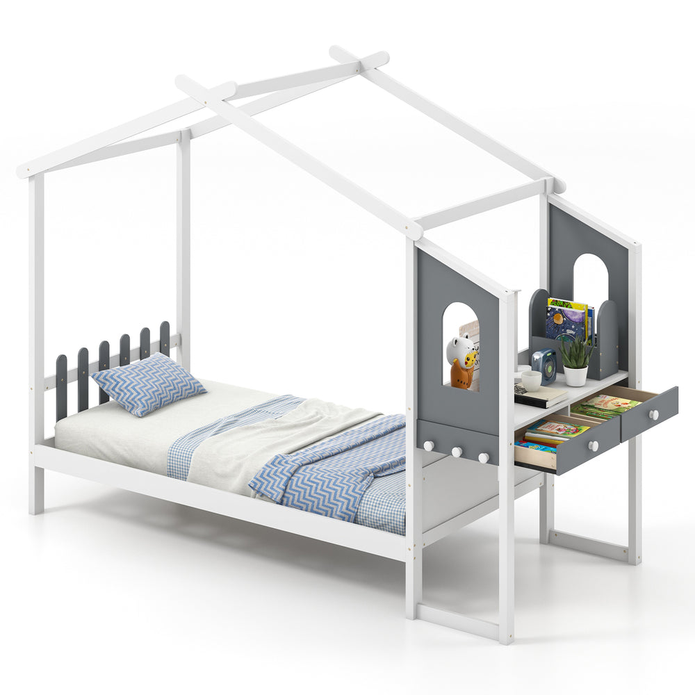 Twin size bed frame with house roof canopy, solid wood design, and practical storage for kids' rooms.