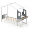 Twin bed frame with house roof canopy, solid wood, includes storage drawers and hooks for kids' room organization.