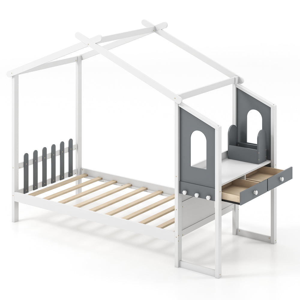 Twin bed frame with house roof canopy, solid wood, includes storage drawers and hooks for kids' room organization.