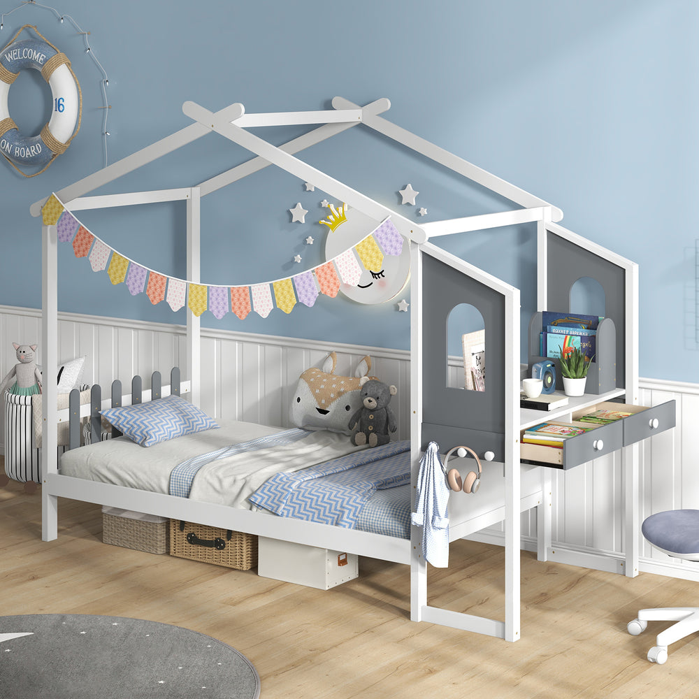 Twin size bed frame with house roof canopy, solid wood design, and attached study desk for kids' rooms.