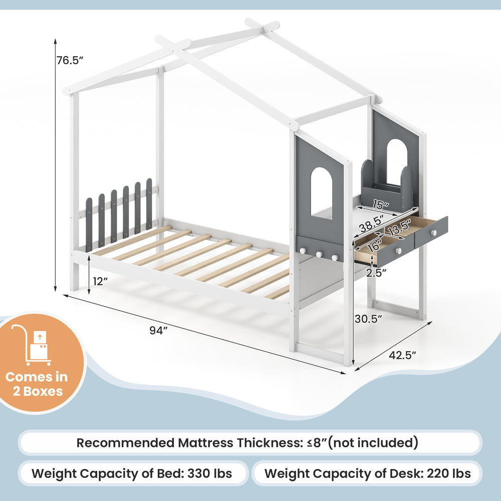 Twin/full bed frame with house roof canopy, solid wood, includes storage drawers and desk for kids' play and study.