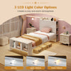 Twin size bed frame with storage headboard, USB ports, and adjustable LED lights for a cozy bedroom atmosphere.