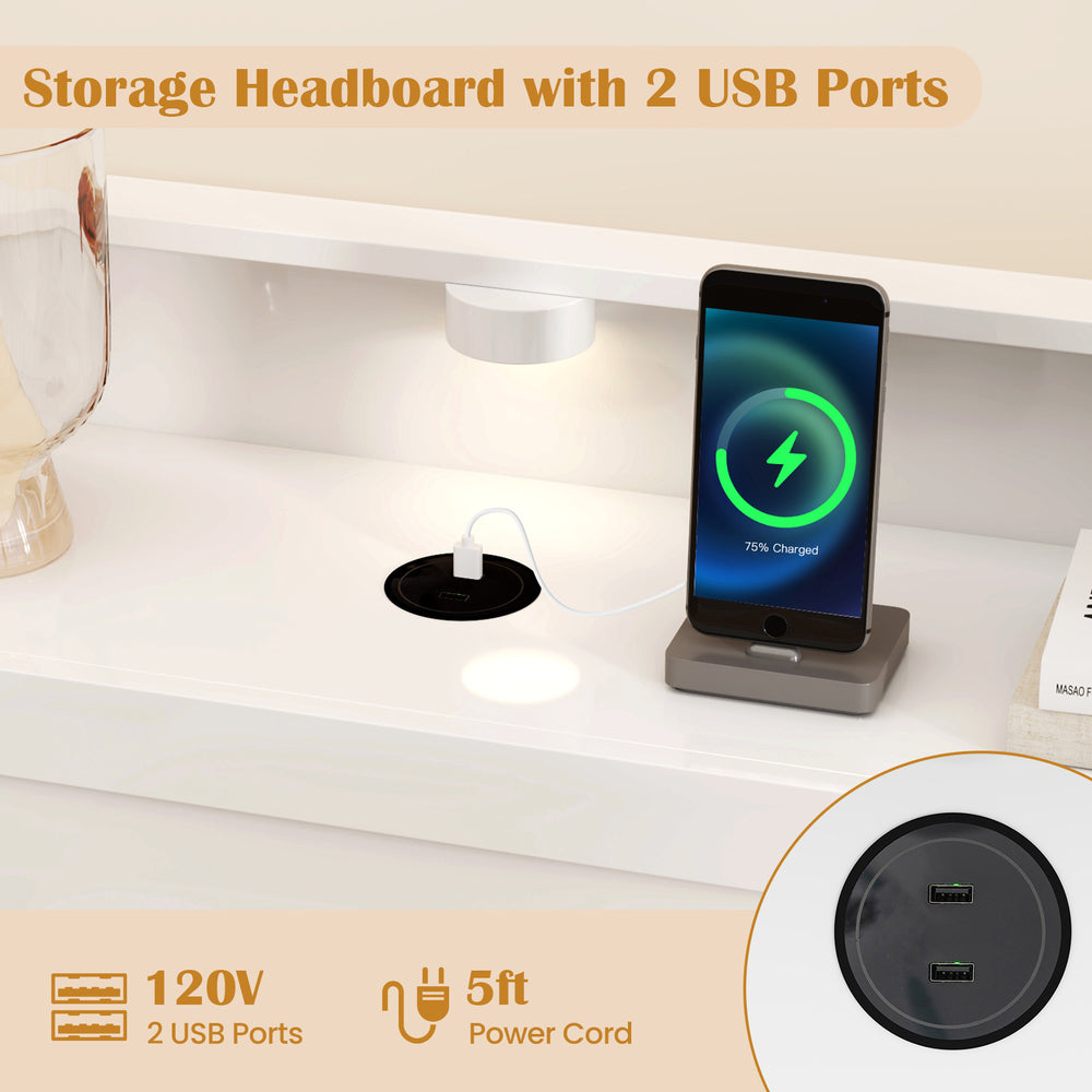 Twin size bed frame with storage headboard, 2 USB ports, and adjustable LED lights for convenient charging and.