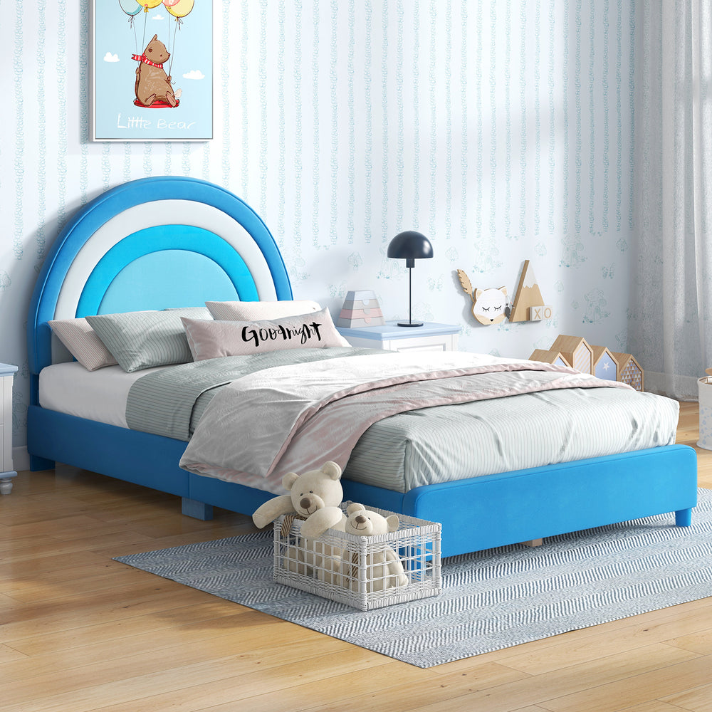 Twin bed frame in blue with adjustable headboard, sturdy wooden slats, and soft velvet fabric for kids' comfort.