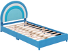 Twin bed frame in blue with adjustable headboard and sturdy wooden slats, designed for kids' safety and comfort.