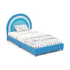 Twin bed frame in blue with adjustable headboard, soft velvet fabric, and sturdy wooden slats for kids' safety.