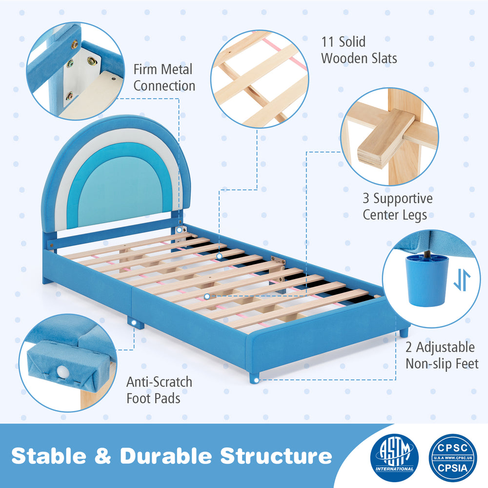 Twin bed frame in blue with adjustable headboard, sturdy wooden slats, and anti-scratch foot pads for kids' safety.
