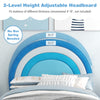 Twin bed frame with height-adjustable headboard in blue, featuring sturdy wooden slats for mattress support.