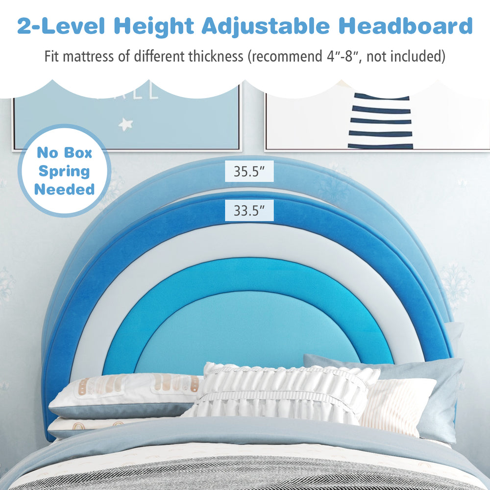 Twin bed frame with height-adjustable headboard in blue, featuring sturdy wooden slats for mattress support.