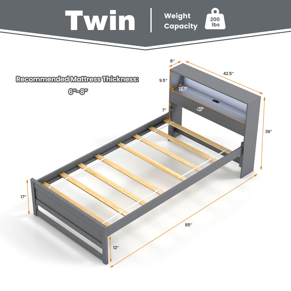 Twin size bed frame in gray with storage headboard, USB charging station, and sturdy plywood slats for stability.