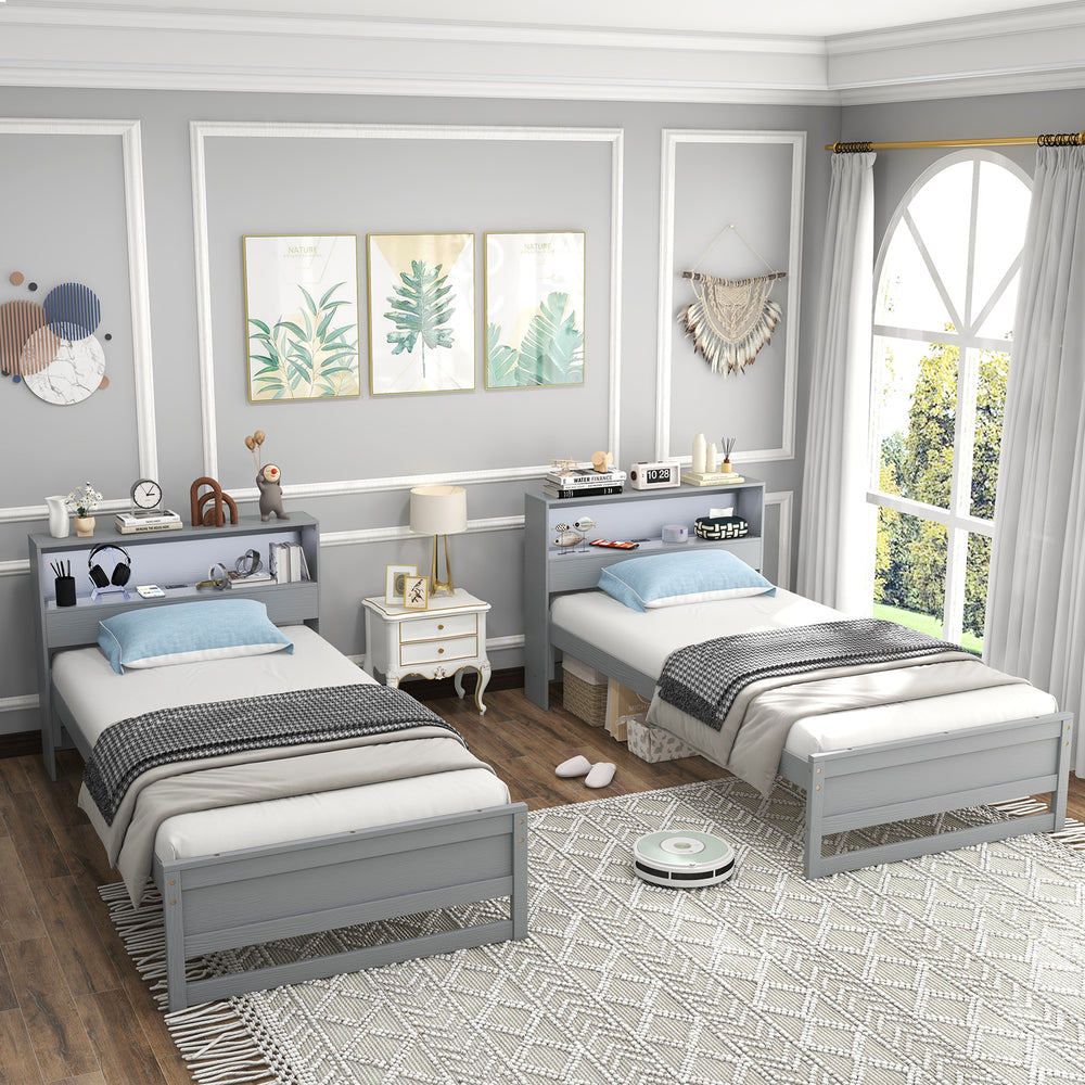 Twin size bed frame in gray with storage headboard, USB charging, and under-bed space for easy cleaning.