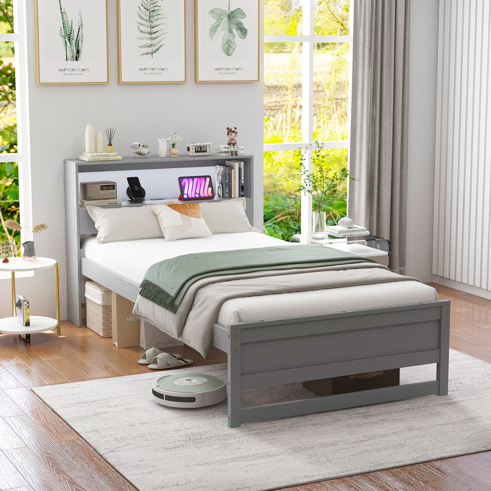 Twin size bed frame in gray with storage headboard, USB charging station, and under-bed space for easy cleaning.