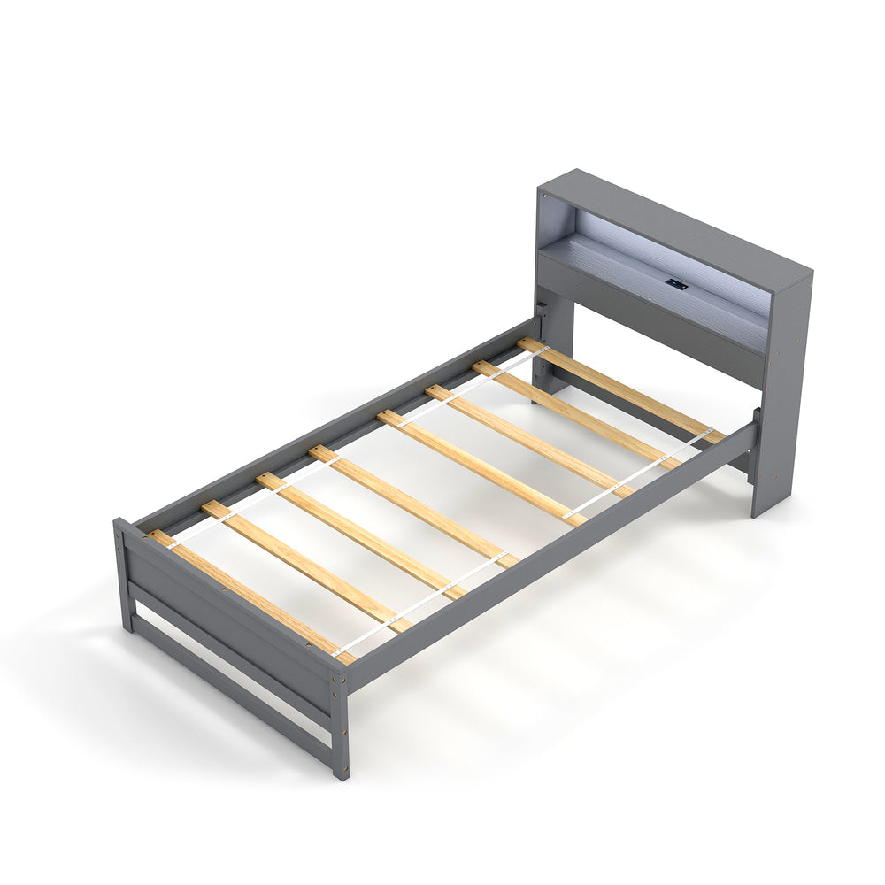 Twin size bed frame in gray with storage headboard, USB port, and sturdy plywood slats for stability and convenience.