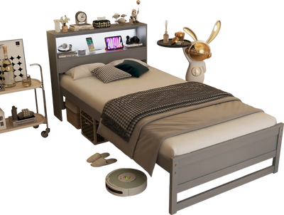 Costway Twin Bed Frame Storage Headboard Charging Station Gray 58634217 New